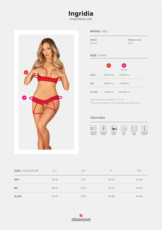 Комплект Obsessive Ingridia 2-pcs crotchless set M/L, красный, с доступом, открытая грудь