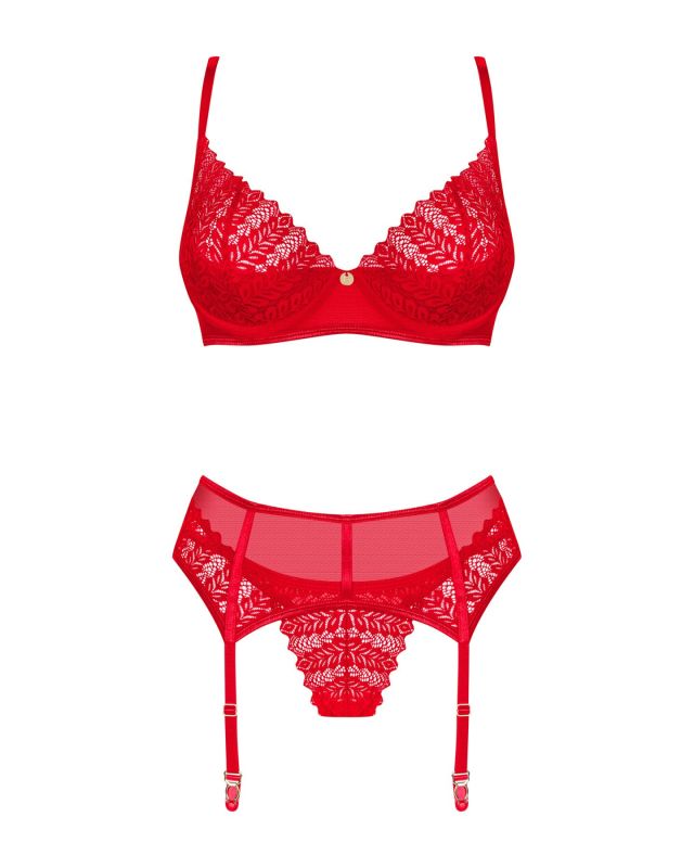 Комплект Obsessive Ingridia 3-pcs set XS/S, красный, бюстгальтер, стринги, пояс