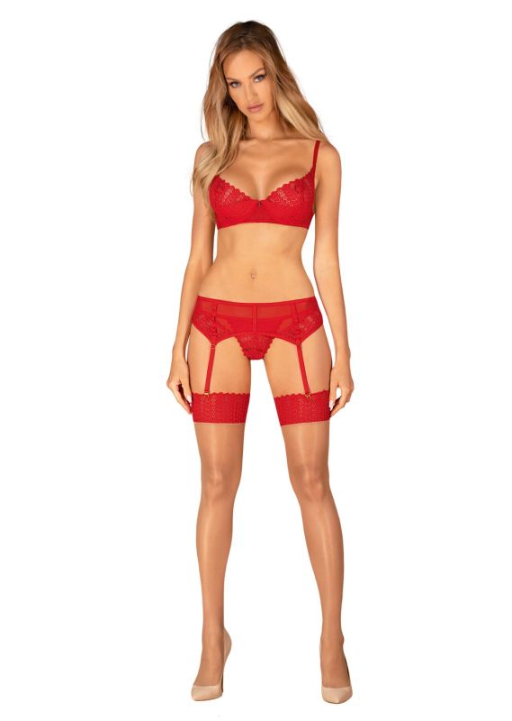 Комплект Obsessive Ingridia 3-pcs set XS/S, красный, бюстгальтер, стринги, пояс
