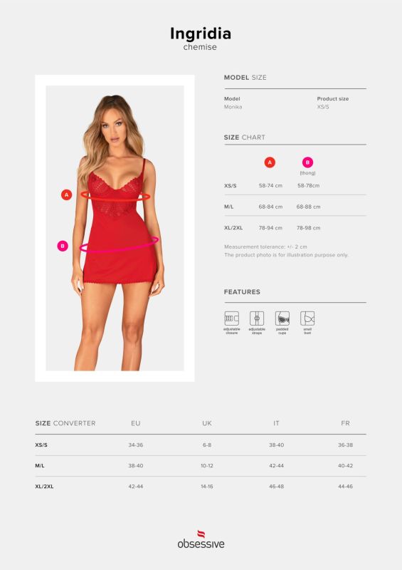 Пеньюар Obsessive Ingridia chemise & thong XS/S, красный, сорочка, стринги