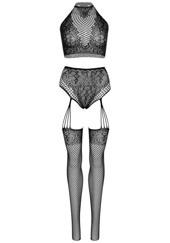 Эротический комплект Leg Avenue Crop top and garter panty Black, топ, трусики с доступом, чулки