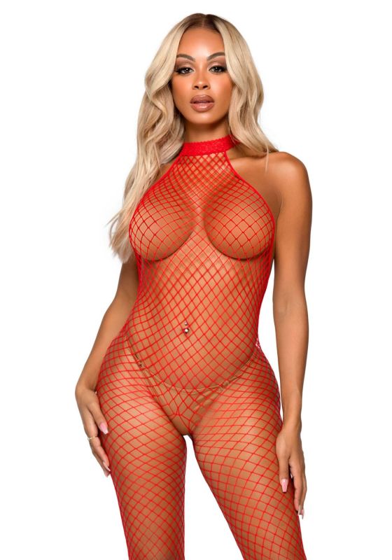 Эротический сетчатый бодистокинг Leg Avenue Racer neck bodystocking Red