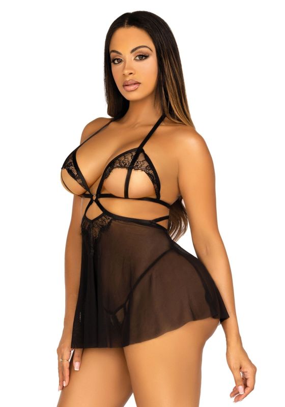 Сорочка беби-долл с открытыми чашками Leg Avenue Lace and mesh babydoll & panty Black S, стринги