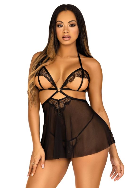 Сорочка беби-долл с открытыми чашками Leg Avenue Lace and mesh babydoll & panty Black M, стринги