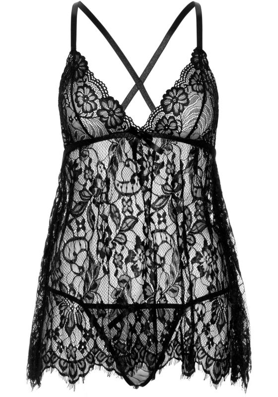Сорочка беби-долл Leg Avenue Floral lace babydoll & string Black S, стринги
