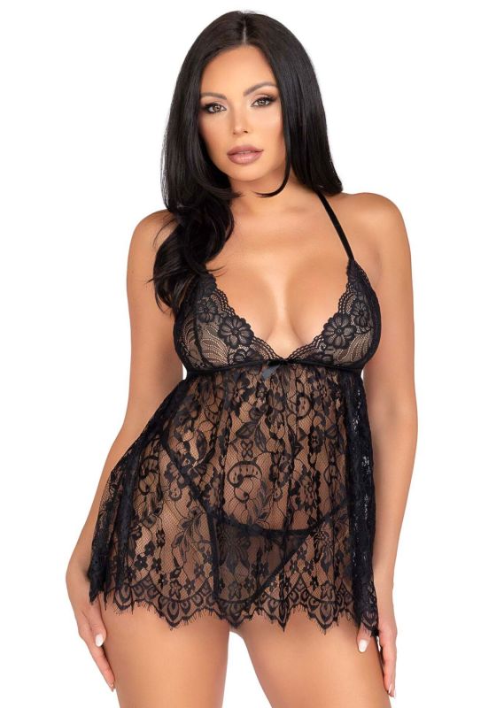 Сорочка беби-долл Leg Avenue Floral lace babydoll & string Black L, стринги