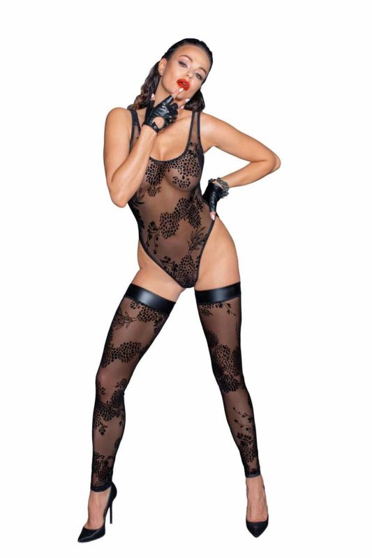 Боди Noir Handmade F242 Tulle body with patterned flock embroidery - XL