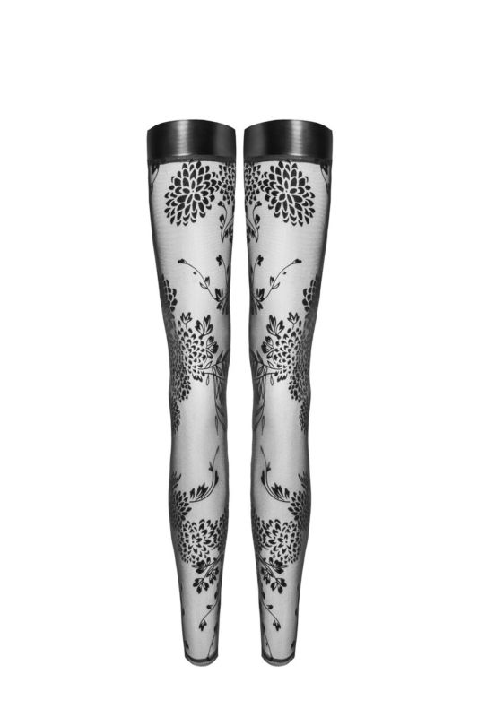 Чулки Noir Handmade F243 Tulle stockings with patterned flock embroidery - XXL