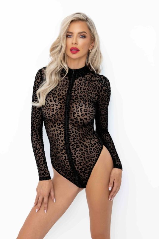 (SALE) Боди Noir Handmade F287 Leopard flock bodysuit with long sleeves - L