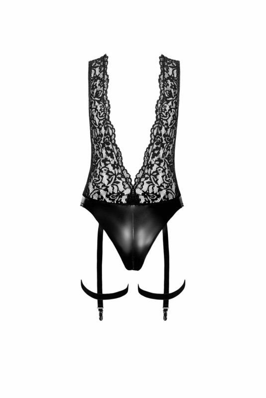 Боди Noir Handmade F297 Libido Deep-V bodysuit with collar, pearl chain and garter - L