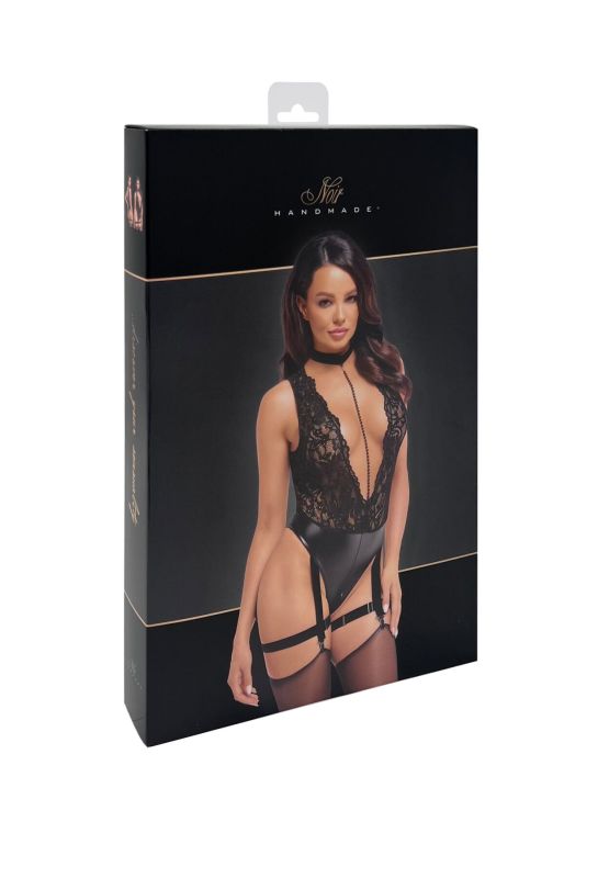 Боди Noir Handmade F297 Libido Deep-V bodysuit with collar, pearl chain and garter - XXL
