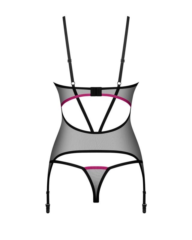 Корсет Obsessive Novenes corset & thong, XS/S, прозрачный, открытая спина, стринги в комплекте