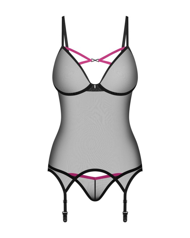 Корсет Obsessive Novenes corset & thong, XL/2XL, прозрачный, открытая спина, стринги в комплекте