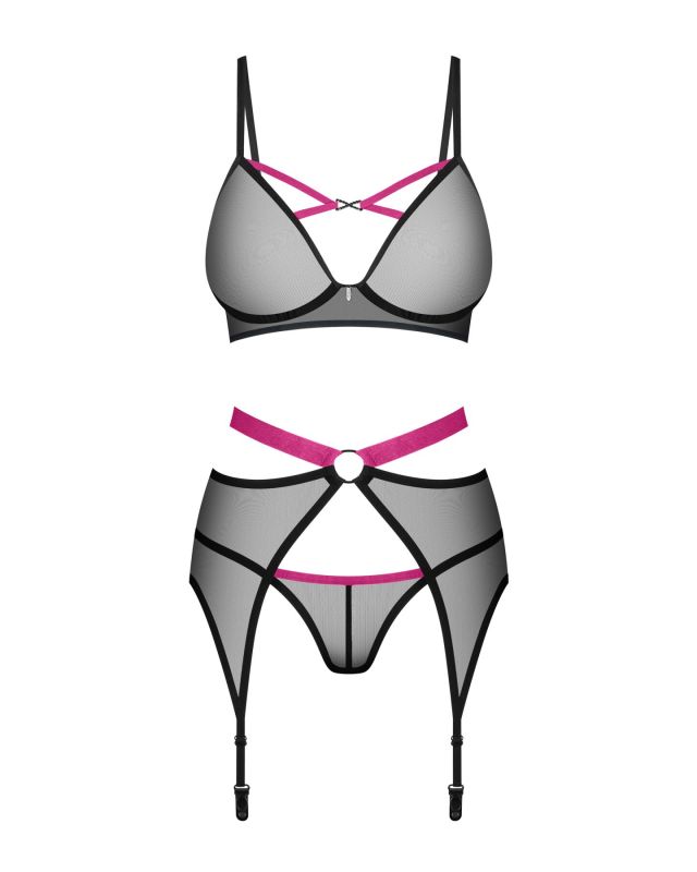 Комплект Obsessive Novenes 3-pcs set, XS/S, прозрачный лиф на косточках, стринги, пояс