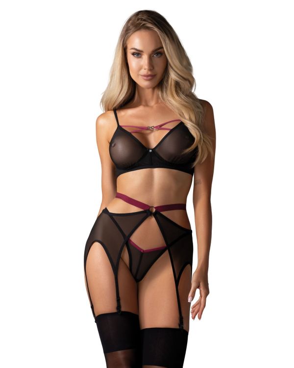 Комплект Obsessive Novenes 3-pcs set, XL/2XL, прозрачный лиф на косточках, стринги, пояс