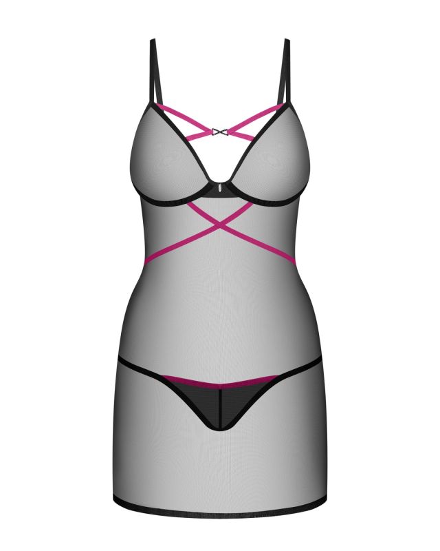 Пеньюар Obsessive Novenes chemise & thong, XL/2XL, облегающий, прозрачный, со стрепами, стринги в ко