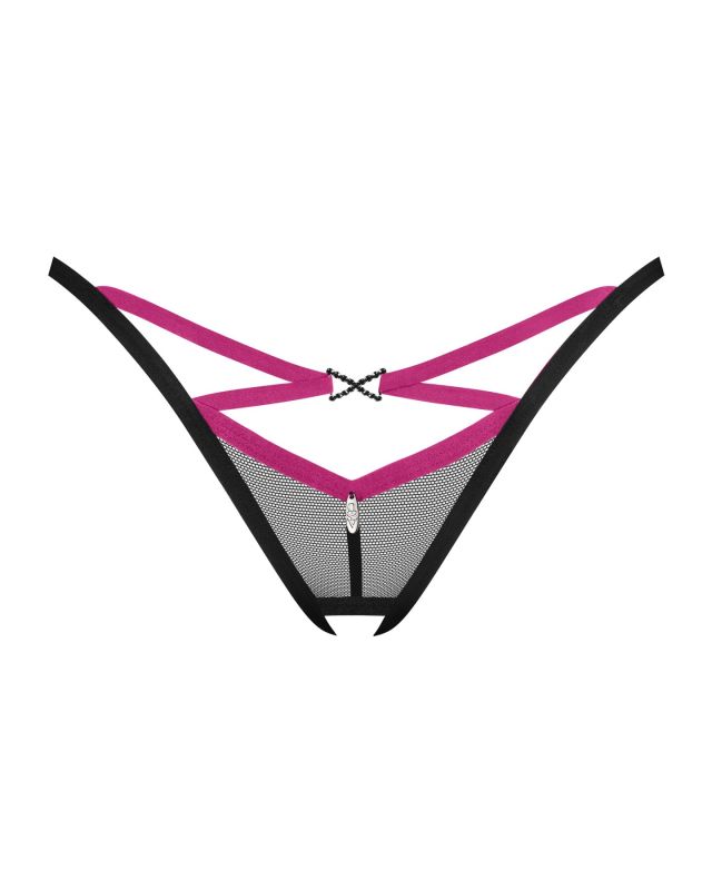 Трусики-стринги Obsessive Novenes crotchless thong, XL/2XL, сетка, стрепы, украшение со стразами, от